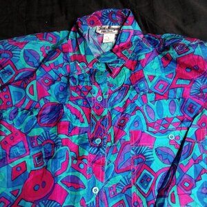 Vintage Jeri Marque Abstract Geometric Silk Button Shirt